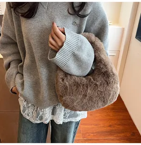 Women furry plush handbag 2025 new stylish soft faux fur shoulder bag winter tote bag