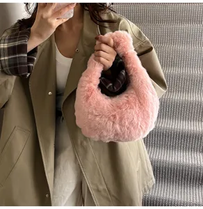 Pink faux fur handbag fluffy cute plush tote bag trendy winter women shoulder bag