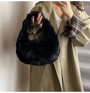 Black plush handbag fluffy tote bag for women winter soft furry shoulder bag chic style