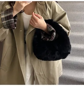 Chic black plush handbag for women, fluffy faux fur winter tote bag, versatile cute purse.