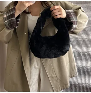 Black plush handbag for women, fluffy small hobo bag, soft winter shoulder tote bag.