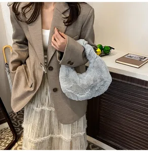 Chic fluffy plush handbag for women, soft fuzzy crescent shoulder bag, stylish casual daily purse.