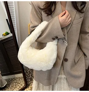 Fluffy plush handbag detail shot, soft white faux fur hobo bag, stylish daily accessory.