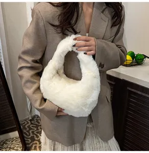 White plush handbag for women, fluffy hobo shoulder bag, stylish soft winter fuzzy purse for girls.