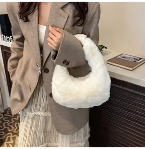 Fluffy faux fur handbag for women, soft white plush hobo purse, stylish chic winter shoulder bag.