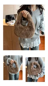 Brown plush handbag for women, soft furry hobo shoulder bag, cute winter tote purse.
