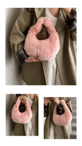 Chic pink plush handbag for women, soft faux fur hobo bag, stylish daily shoulder purse.