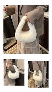 White plush handbag for women, fluffy winter underarm shoulder bag, soft faux fur purse.