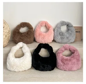 Fluffy plush handbag for women, soft fuzzy hobo shoulder bag, cute winter daily tote.