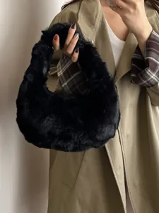 Black fluffy faux fur handbag for women, soft plush hobo shoulder bag for daily chic style.