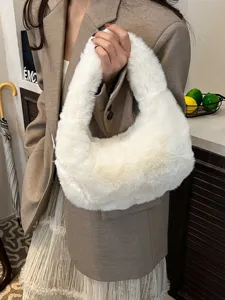 Fluffy white plush hobo handbag for women, stylish faux fur winter shoulder bag.
