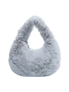 Women grey plush fluffy handbag stylish winter small hobo tote bag cute casual fuzzy purse.