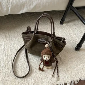 Korean vintage suede shoulder crossbody bag with cute knit bear pendant for women autumn