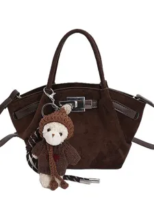 Brown suede tote bag, vintage women handbag with cute bear pendant and metal lock.