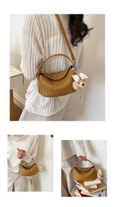Stylish woven dumpling shoulder bag for women with cute bow bear pendant and metallic lock.