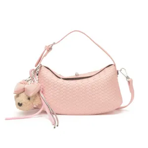 Pink woven leather hobo shoulder bag with cute bear pendant, stylish women casual crossbody.