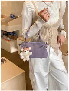 Minimalist purple women handbag Korean style shoulder crossbody bag featuring cute bear pendant