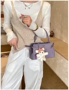 Minimalist Korean style women purple handbag top handle shoulder bag with bear charm