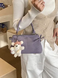 Minimalist purple handbag for women stylish top handle shoulder bag with cute bear keychain