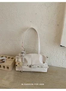 White leather shoulder bag casual commuting underarm handbag with metal belt detail