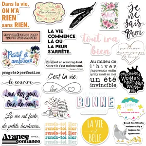French inspirational quotes waterproof stickers detail view for DIY laptop decor.