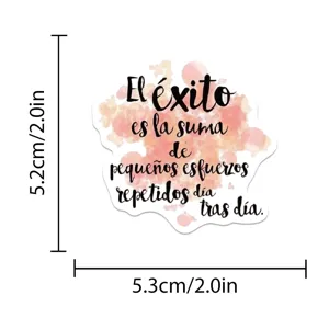 Waterproof motivational quote sticker detail view, Spanish text design for laptop and luggage.