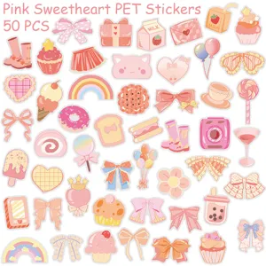 Dettaglio adesivi PET estetici rosa carini, 50pz decalcomanie diario pastello kawaii.