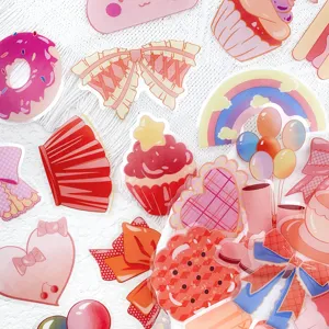 Vista dettagliata del set di adesivi decorativi PET rosa stile dolce carino per custodia e taccuino.