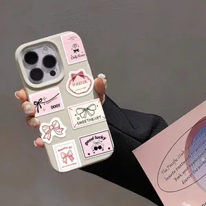 Roze strik esthetische telefoonhoesje met schattige stickers meisjesstijl detailweergave