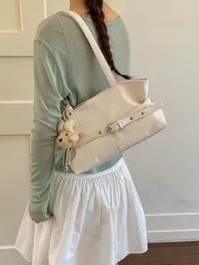 Casual white shoulder bag for women, large capacity stylish daily underarm tote handbag.