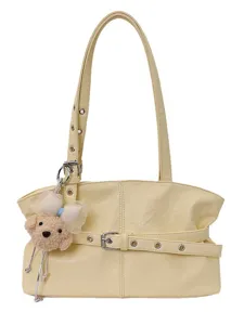 Casual large capacity women shoulder underarm bag fashion PU leather tote bag with cute pendant.