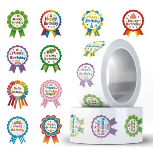 500pcs birthday medal stickers roll, colorful ribbon award labels for party decor and gifts.