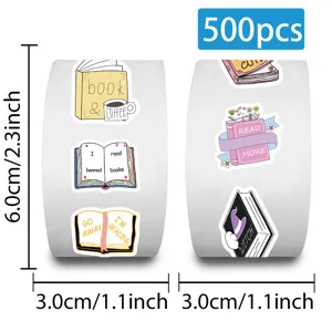 Detail view of 500pcs bookish sticker roll with cute reading and coffee illustrations.