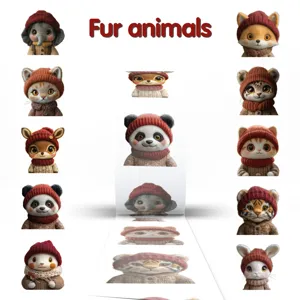 Roll of cute plush animal stickers in red knit hats, perfect for journals and phone decor.