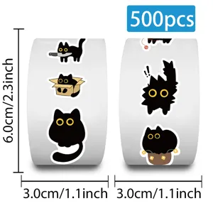 Funny black cat roll stickers, 500pcs cute waterproof cartoon stickers for journal and laptop.