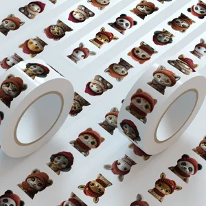 Cute animal stickers roll detail showing various plush pets in winter hats and scarves close-up