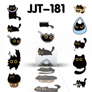 Roll of quirky black cat stickers featuring various funny designs, ideal for decorating notebooks.
