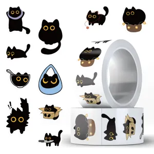 Quirky black cat stickers roll, cute cartoon animal decals for journaling and decorating cups.