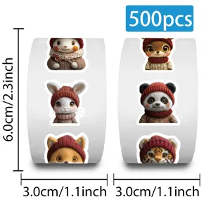 Cute knitted animal portrait stickers roll, 500pcs waterproof decorative sticker labels.