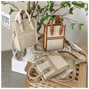 Detailed view of stylish woven mini handbag and crossbody phone bag, perfect for summer.