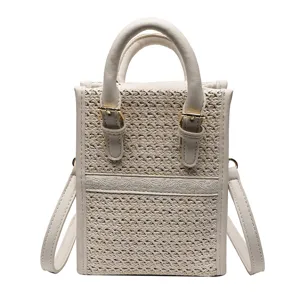 Woven Mini Crossbody Bag Summer Casual Handbag Vertical Phone Bag Chic White Tote for Women