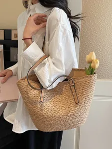 Geflochtene Strohtasche für Damen, große Sommer Strand Urlaub Umhängetasche, lässiger Stil.