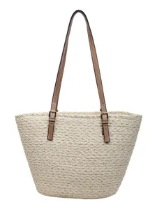 Sommer Strand gewebte Stroh Shopper Tasche mit braunen Ledergriffen für Damen Pendeln Urlaub