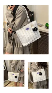 Fluffy tote bag for women large capacity plush shoulder bag winter aesthetic commuter handbag