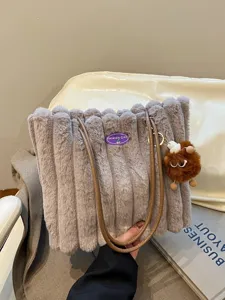 Women Large Capacity Plush Tote Bag Fluffy Soft Handbag Casual Winter Shopping Shoulder Bag With Cute Pendant