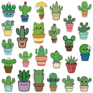 Joli ensemble d'autocollants imperméables cactus de dessin animé, idéal pour bagages et ordinateurs.