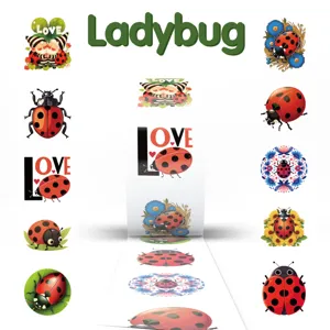 Cute ladybug sticker roll details showing waterproof vinyl designs for laptop and luggage.