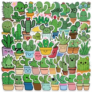Pack d'Autocollants Cactus de Dessin Animé en Vinyle Imperméable Mignons Stickers de Plantes pour Valise Ordinateur Portable
