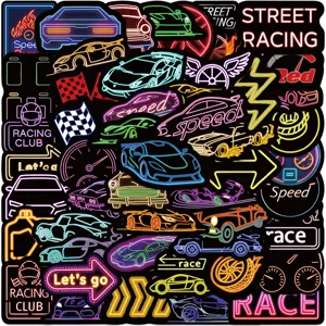 Vue détaillée des autocollants étanches voiture de course néon, ensemble de stickers JDM cyberpunk.