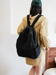 Sac à dos en toile noire décontracté pour voyage, grande capacité design minimaliste